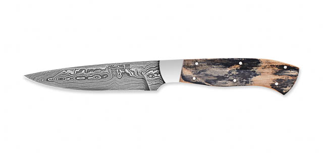 Brotzeitmesser 
Klinge: 360 Lagen wilder Damast
Griff: Mammutelfenbein mit Edelstahlbacken und 925er Silbernieten